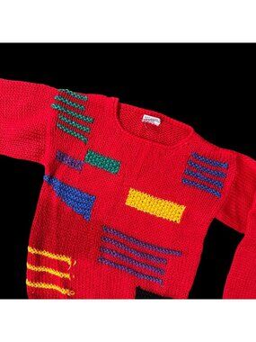 Vintage Red Sweater Hand Knit Jazzy Colorful Geometric 80s Korea Pullover Retro